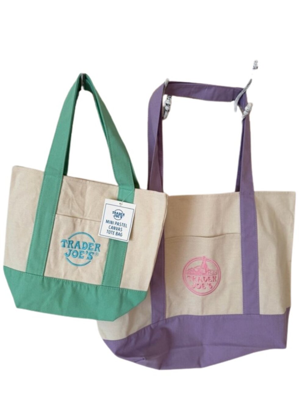 🆕 LOT OF 2 💚💜 Trader Joe’s Canvas Tote Bags ✨ Collectible Reusable Set!